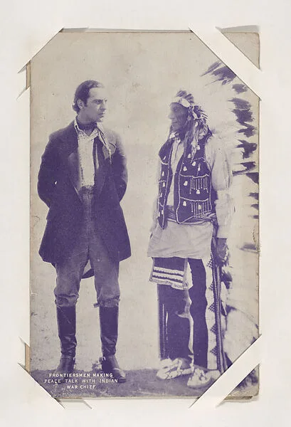 Frontiersmen Making Peace Talk with Indian War Chief from Western Stars or Scenes Exhibit Cards series (W412) — Unknown