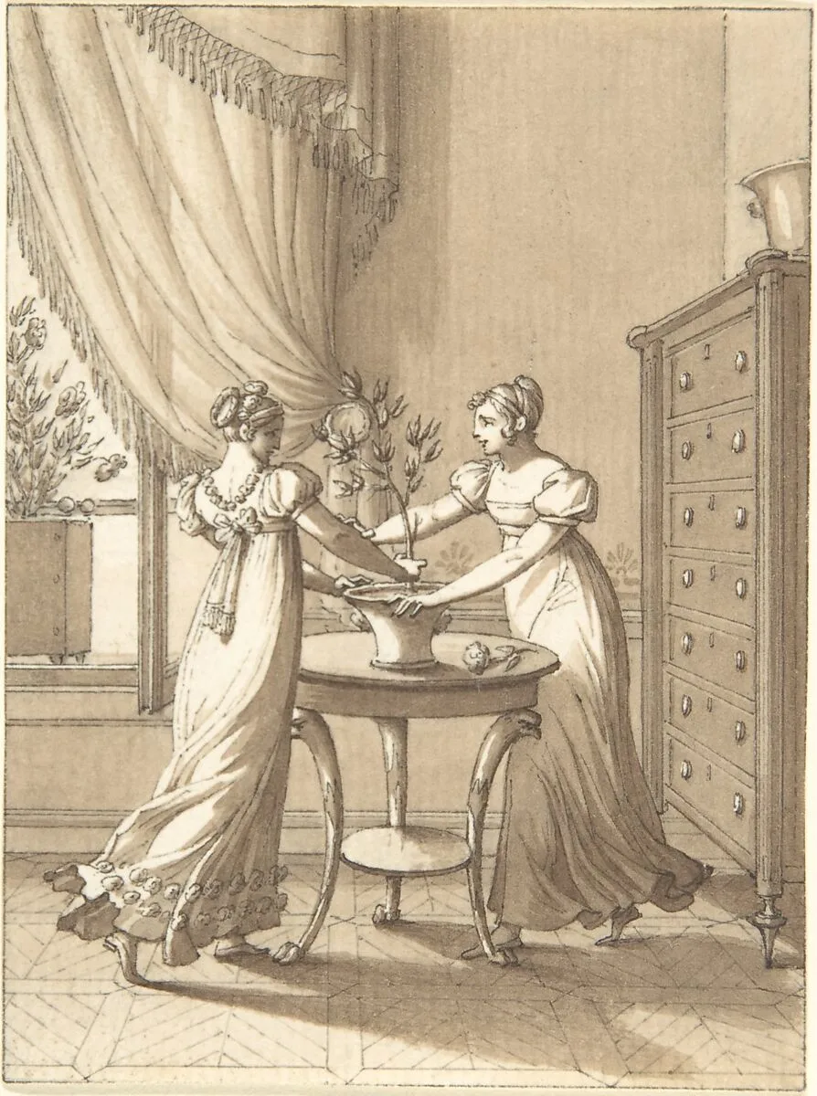 Design for a Book Illustration: Two Women Dancing around a Plant — Anonymous, German, 19th century