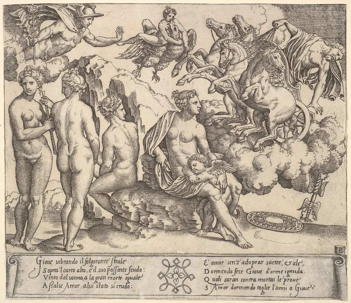 Jupiter tumbling from a horse-drawn carriage at right, Ganymede riding Jupiter's eagle upper center, below Venus and to her right, the three Graces — Master of the Die|Raphael (Raffaello Sanzio or Santi)