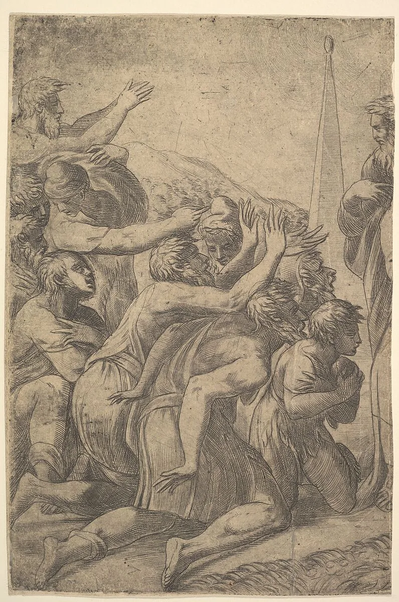 Christ standing at the right healing the lepers before him (left section of the print) — Andrea Schiavone (Andrea Meldola)