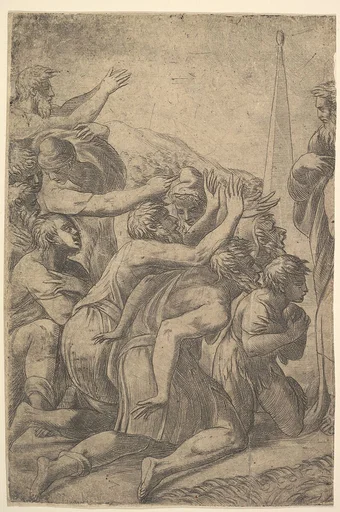 Christ standing at the right healing the lepers before him (left section of the print)