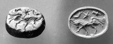 Stamp seal (scaraboid) with animal and divine symbols — Unknown