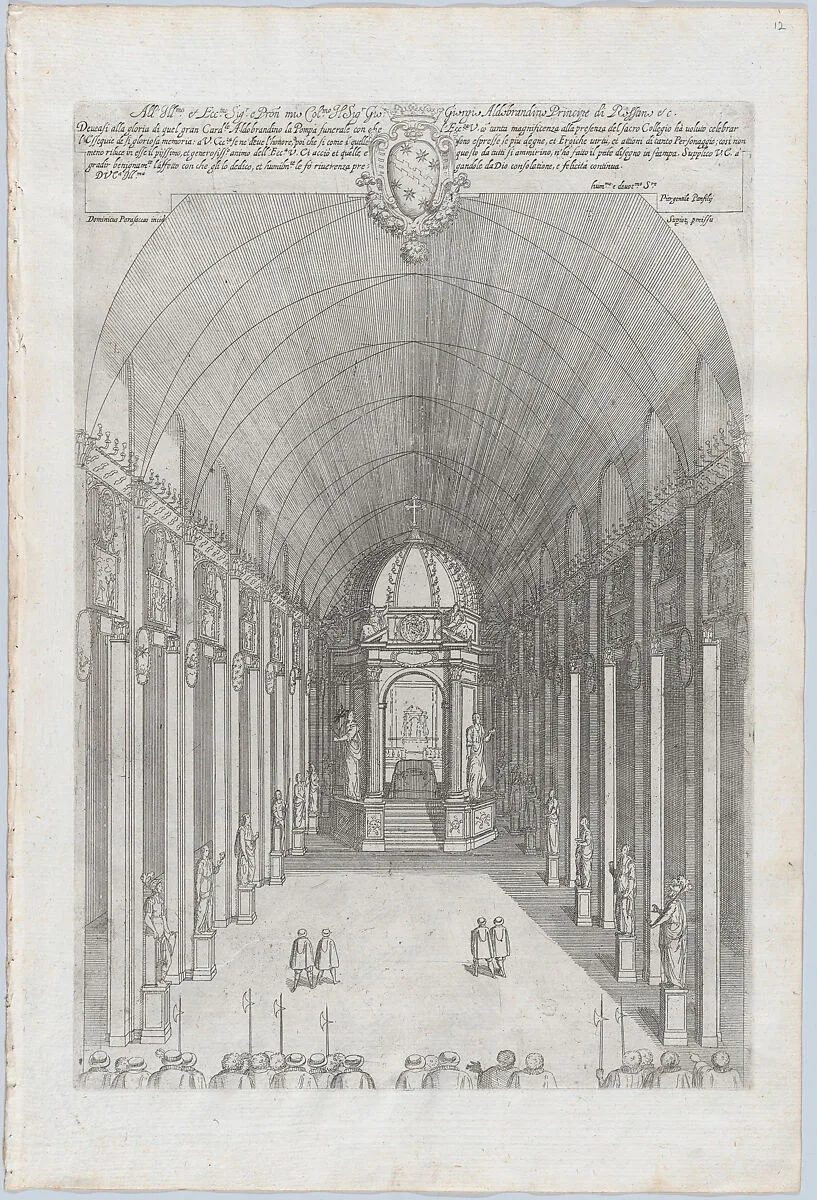 Catafalque for Cardinal Pietro Aldobrandini in Santa Maria sopra Minerva, Rome; from 'Libro De Catafalchi, Tabernacoli, con varij designi di Porte fenestre et altri ornamenti di Architettura' — Pietro Gentile Panfili|Domenico Parasacchi|Giovanni Giacomo De Rossi