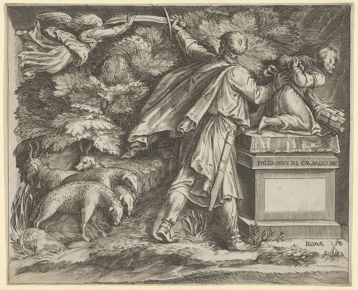 The Sacrifice of Isaac set in a landscape with a flock of sheep at left and an angel guiding Abraham's sword at upper left — Cherubino Alberti (Zaccaria Mattia)|Polidoro da Caravaggio