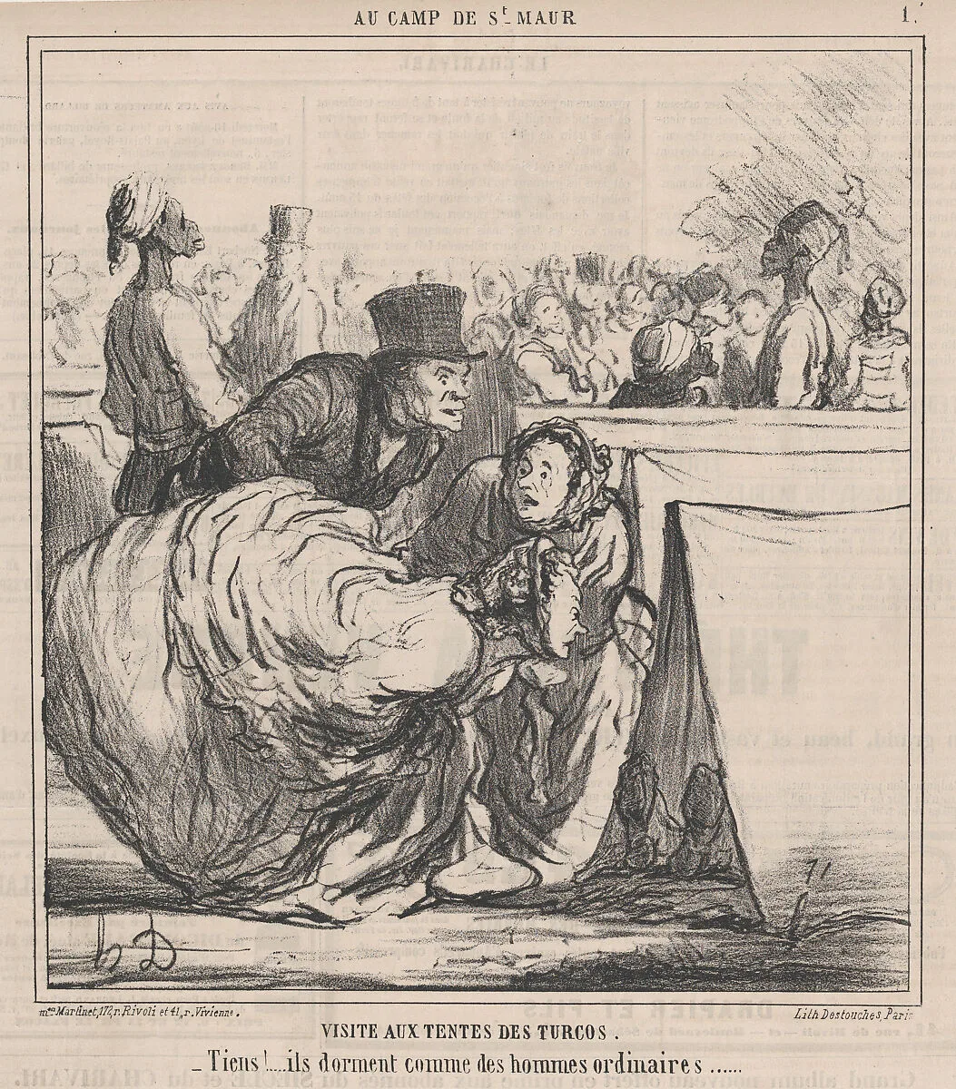 Visite aux Tentes des Turcos...., from Au Camp de Saint-Maur, published in Le Charivari, August 13, 1859 — Destouches|Honoré Daumier|Aaron Martinet