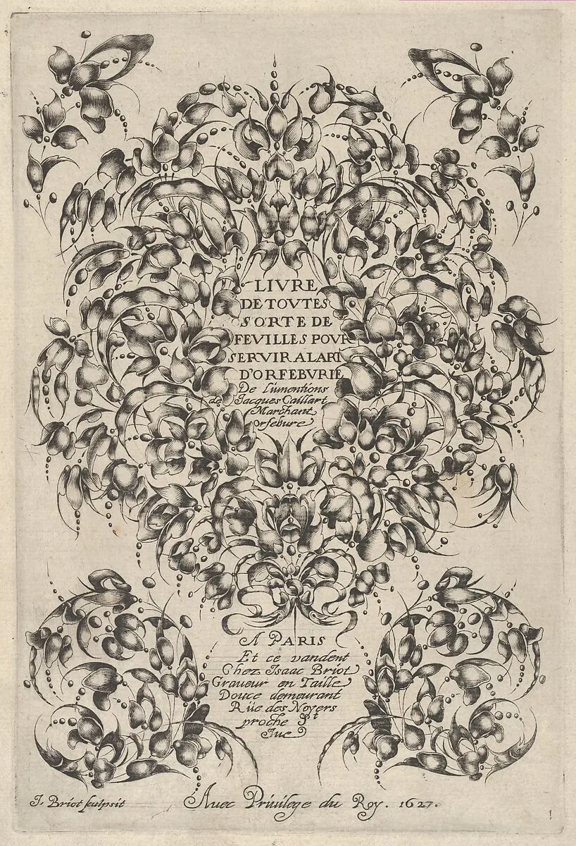 Title Plate with Goldsmiths' Bouquet, from Livre de Toutes Sorte de Feuilles Pour Servir a l'Art d'Orfeburie — Jacques Caillard|Isaac Briot