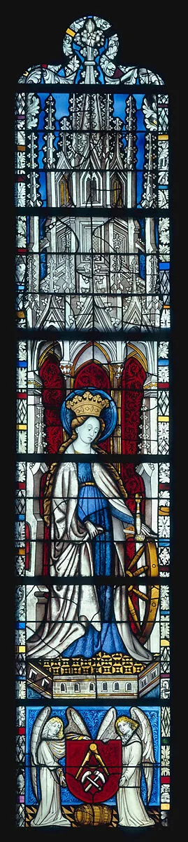 Saint Catherine with the Wheel and Sword, and with the Arms the Cooper’s Guild below (from a series with The Virgin Mary and Five Standing Saints) — Unknown