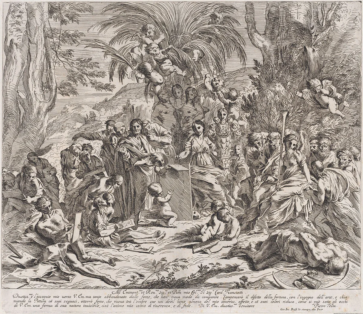 An allegory of painting, who as a child in the centre left draws on a tablet, surrounded by figures, many of whom are drawing — Pietro Testa|Giovanni Giacomo De Rossi