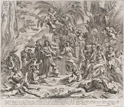 An allegory of painting, who as a child in the centre left draws on a tablet, surrounded by figures, many of whom are drawing