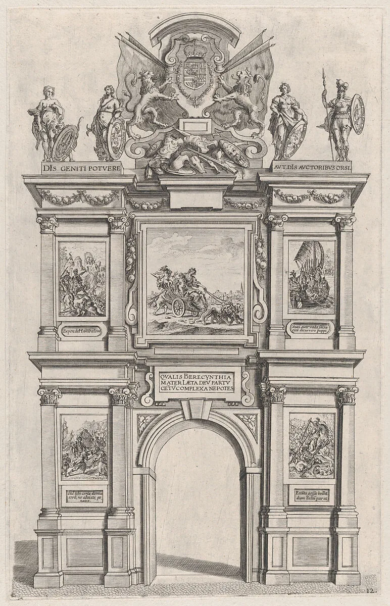 Plate 12: Triumphal arch, elevation of the back facade, surmounted with the arms of Ferdinand and decorated with five mythical or heroic scenes; from Guillielmus Becanus's 'Serenissimi Principis Ferdinandi, Hispaniarum Infantis...' — Johannes Meursius