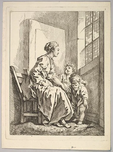 Woman Seated Before a Window, with Two Children at her Knee