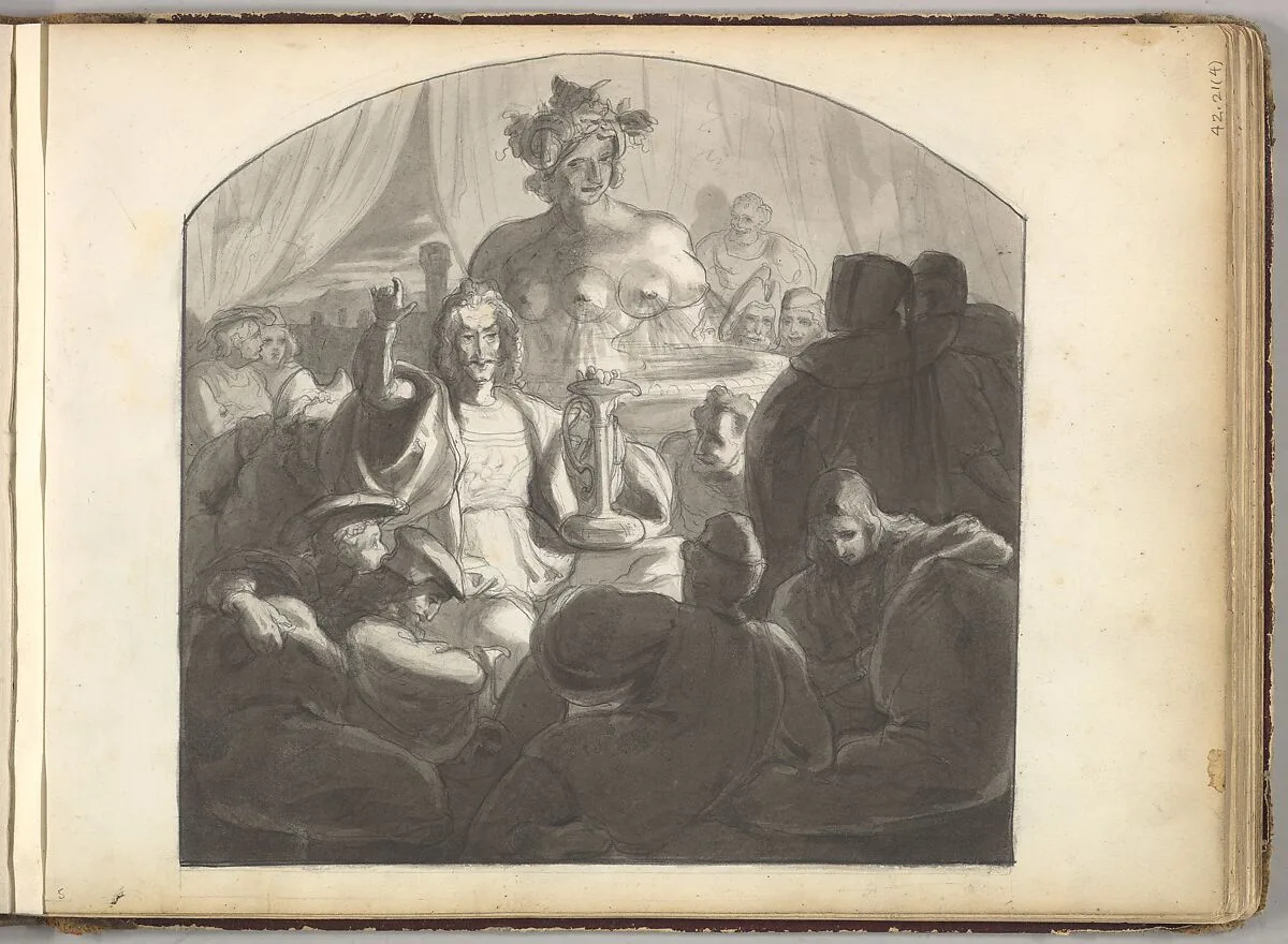 Speaker Addressing Male Figures Gathered at Night Around a Fountain (in Sketch Book With Drawings on Twenty-six Leaves) — Frederic, Lord Leighton