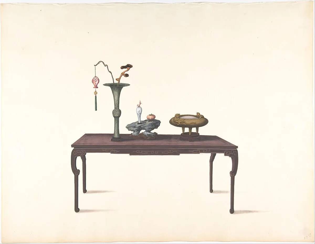 Long Dark Table with Decorative Objects — Anonymous, Chinese, 19th century