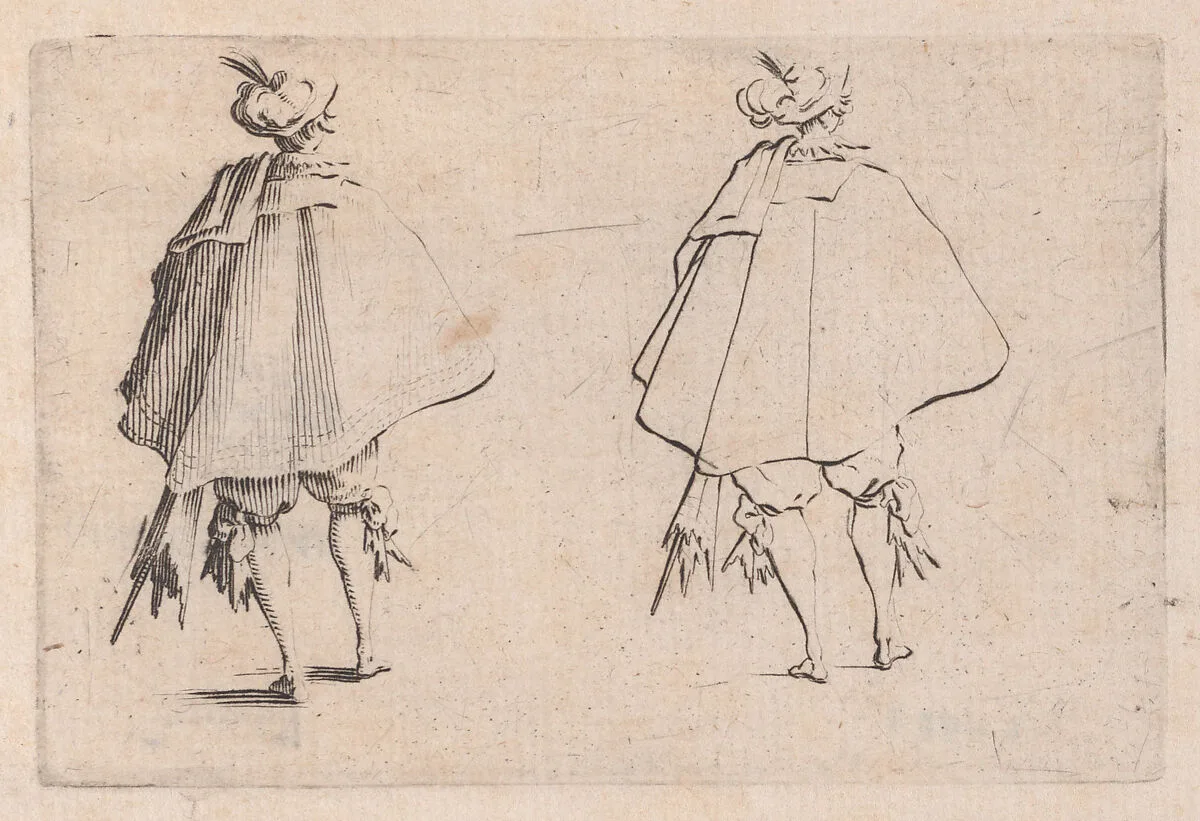 Le Gentilhomme au Grand Manteau, Vu de Dos (The Gentleman with a Large Mantle, Viewed from Behind), from Les Caprices Series B, The Nancy Set — Jacques Callot|Lorenzo de' Medici