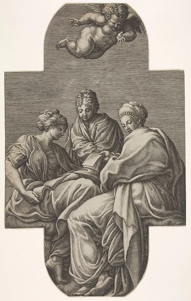 Three Muses seated underneath a flying putto who gestures downward, a cruciform composition, from a series of eight compositions after Francesco Primaticcio's designs for the ceiling of the Ulysses Gallery (destroyed 1738-39) at Fontainebleau — Giorgio Ghisi|Francesco Primaticcio