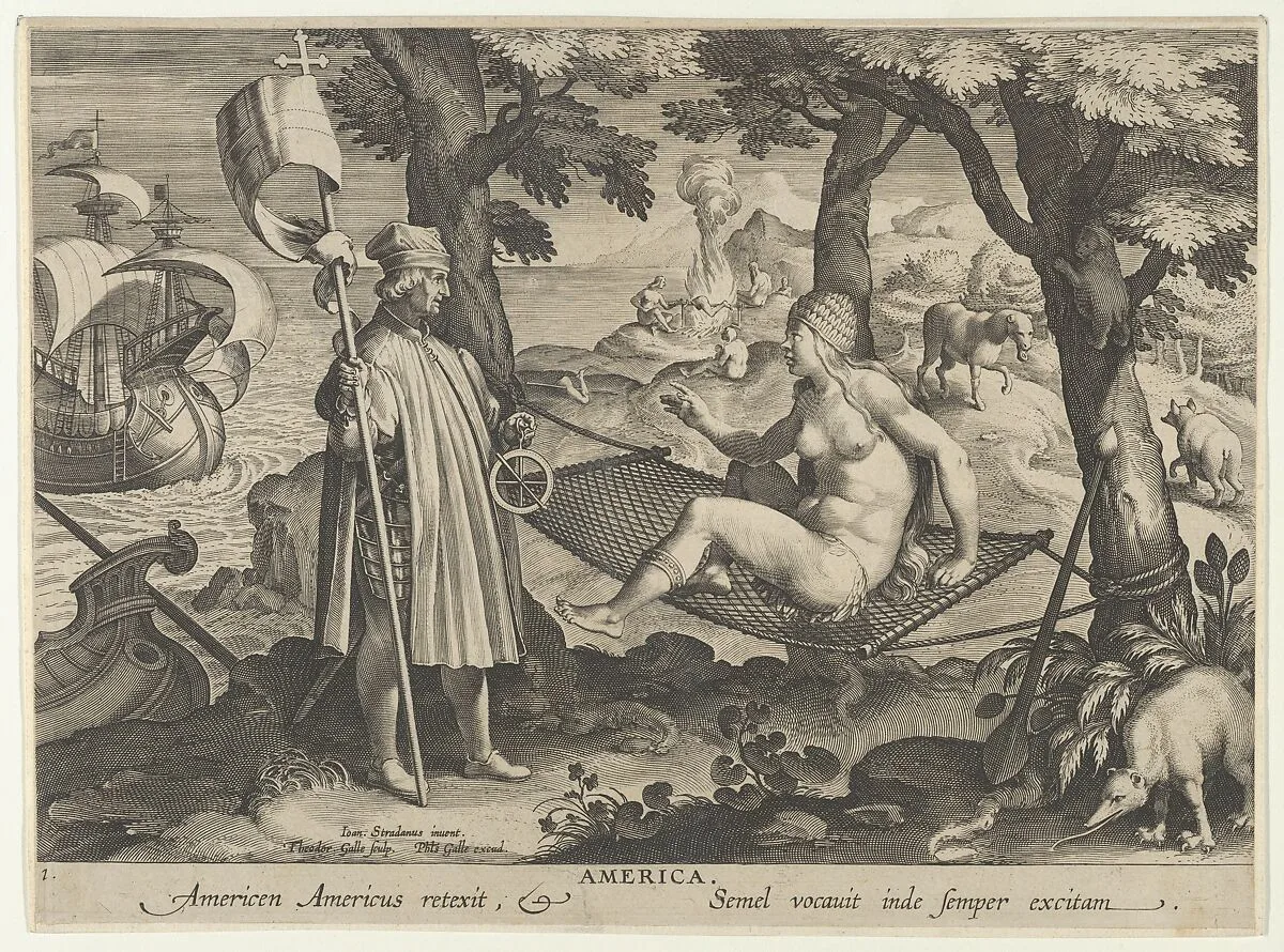 Allegory of America, from New Inventions of Modern Times (Nova Reperta), plate 1 of 19 — Jan van der Straet, called Stradanus|Philips Galle|Theodoor Galle