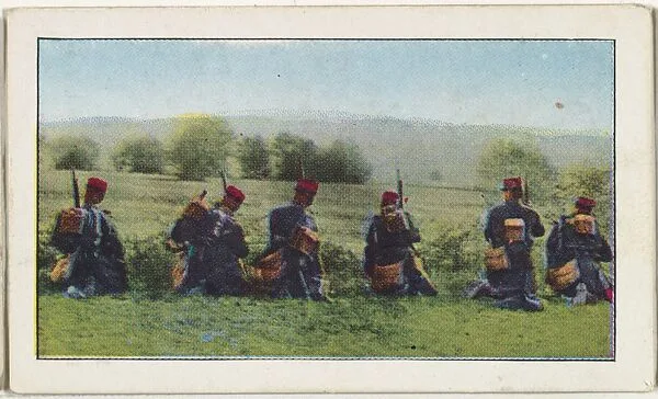 Card No. 91, French Infantry Waiting for One of the German Zeppelin Bomb-Throwers or Air Scouts, from the World War I Scenes series (T121) issued by Sweet Caporal Cigarettes — Underwood & Underwood|American Tobacco Company