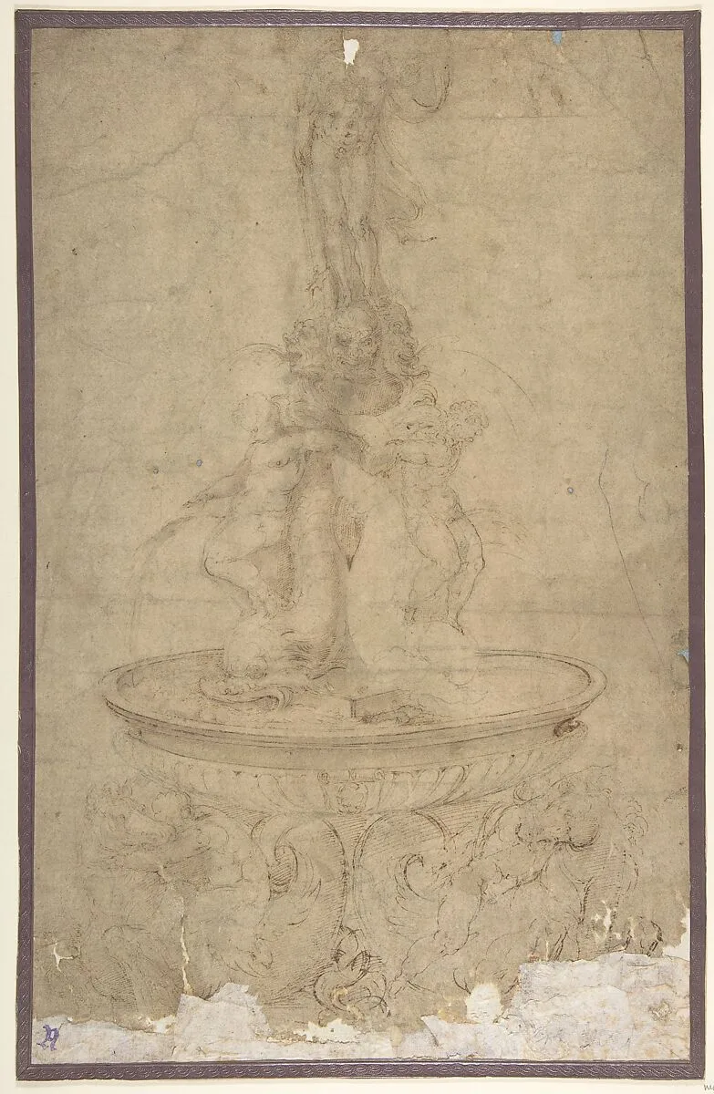 Design for a Fountain with Sea Horses and Triton Base, Basin, Dolphins and Tritons, Three Grotesque heads and Neptune — Battista Franco