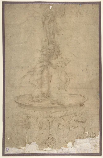 Design for a Fountain with Sea Horses and Triton Base, Basin, Dolphins and Tritons, Three Grotesque heads and Neptune
