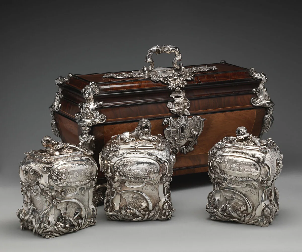 Pair of tea caddies and a sugar box in a case — Paul de Lamerie