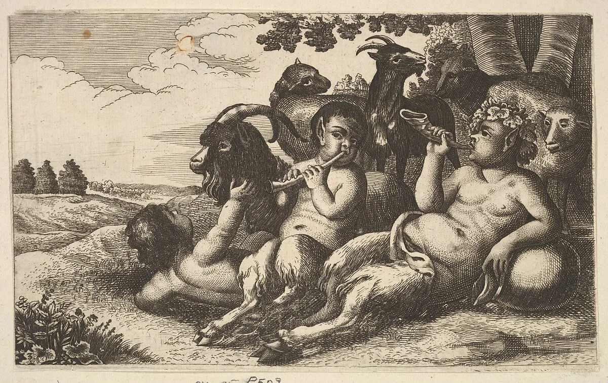 Two young satyrs and a boy (copy in reverse) — Wenceslaus Hollar|Pieter van Avont