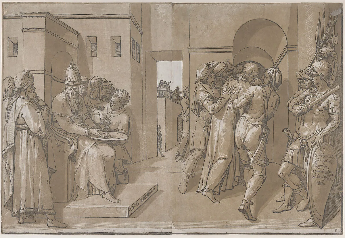 Pilate at the left washing his hands (left side of sheet) — Andrea Andreani|Giambologna