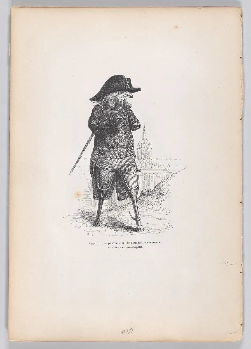 "Having said that, this poor invalid gives us a curtsy, and goes hobbling off" from Scenes from the Private and Public Life of Animals — Honoré de Balzac|J. J. Grandville|Andrew Best Leloir
