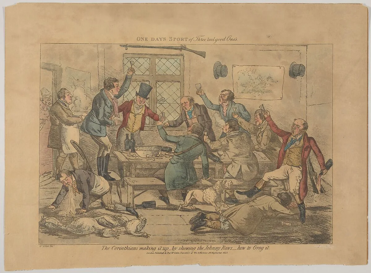One Days Sport of Three Real Good Ones. The Corinthians making it up...by showing the Johnny Raws how to Grog it — Henry Thomas Alken|Thomas McLean