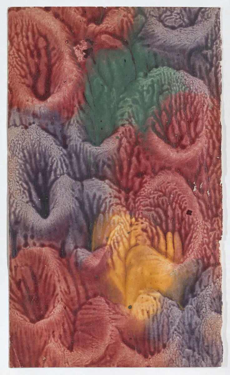 Paste paper with red, yellow, green, and purple patterns — Anonymous