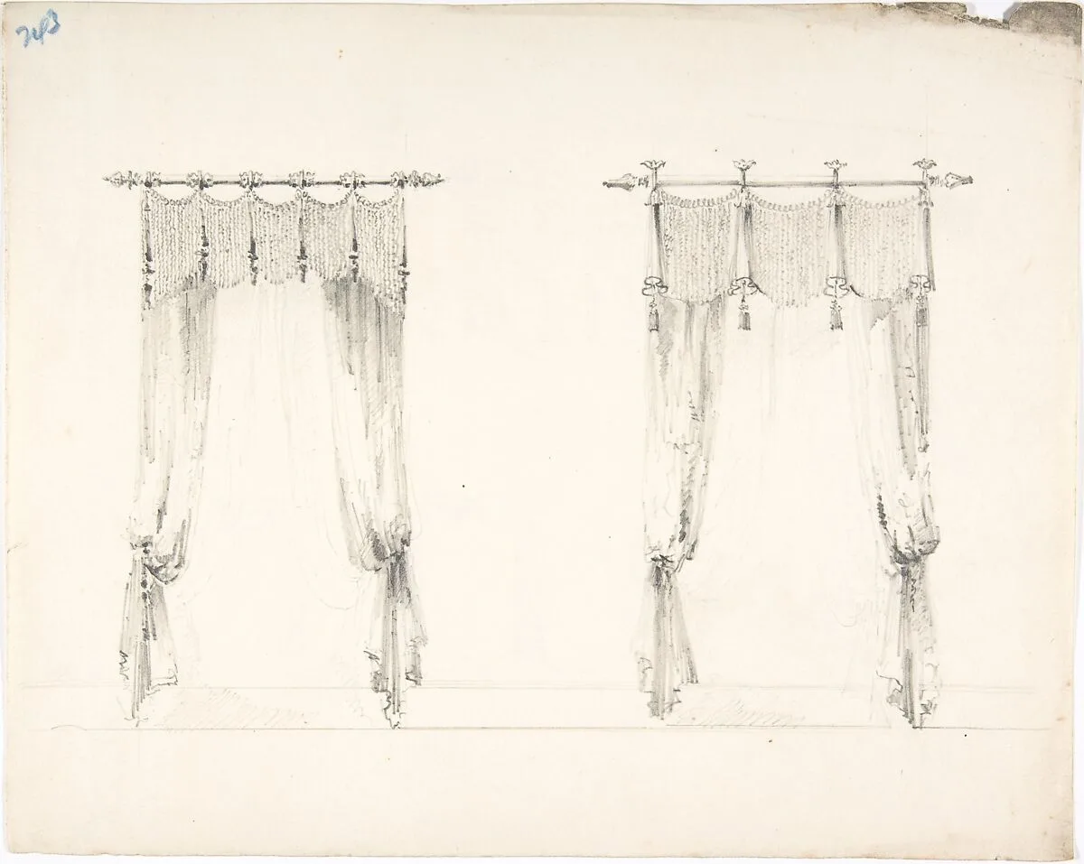 Design for Two Fringed Curtains Handing from Rods (Verso: Sketches) — Anonymous, British, 19th century