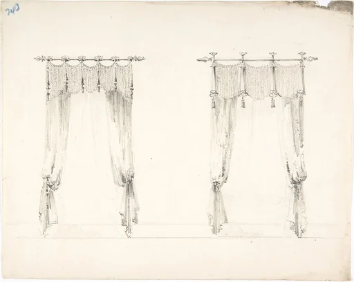 Design for Two Fringed Curtains Handing from Rods (Verso: Sketches)