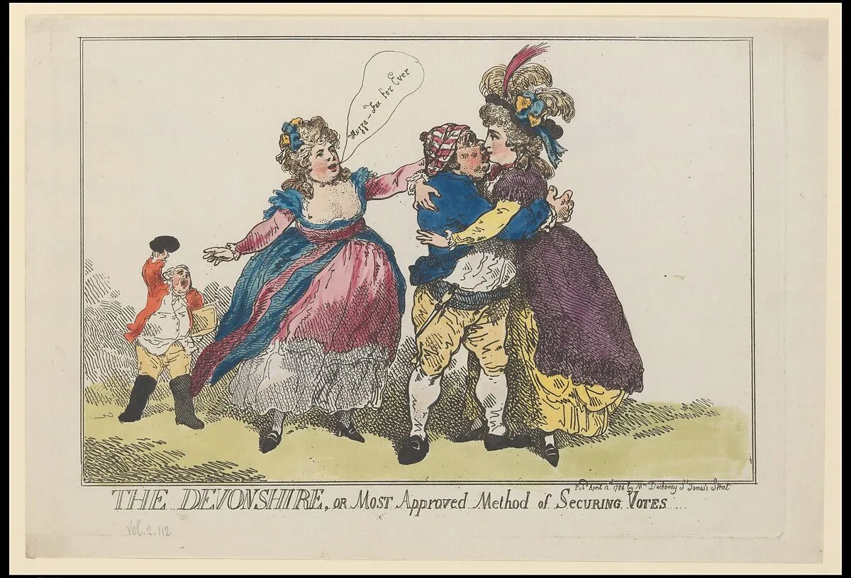 The Devonshire, or Most Approved Method of Securing Votes — Thomas Rowlandson|Elizabeth Darchery|Georgiana, Duchess of Devonshire