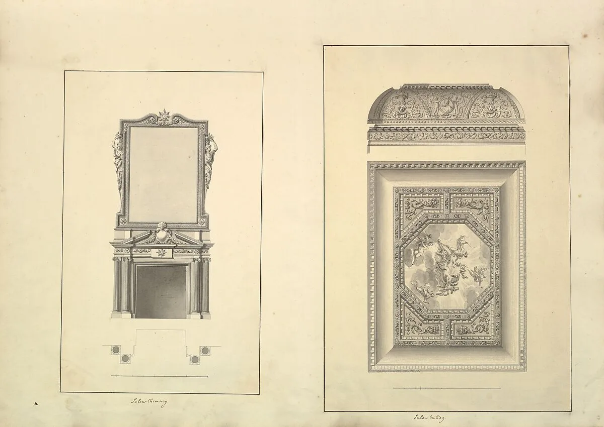 Leaf from Aedes Walpolianae mounted with two drawings: (a): Salon Chimney, Houghton Hall, Norfolk, Elevation; (b): Salon Ceiling, Houghton Hall, Norfolk — Isaac Ware