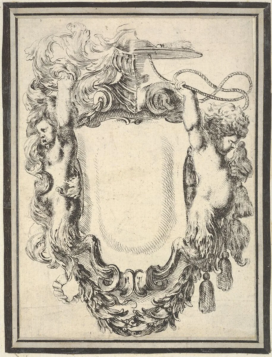 Plate 7: a cartouche flanked by two satyrs, crowned with half a herm and half a cardinal's hat, from 'Nouvelles inventions de Cartouches' — Stefano della Bella