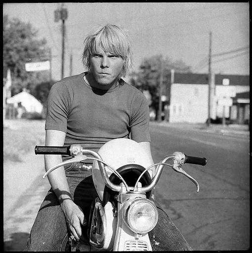 [7 Portraits of Unidentified Man on Motorcycle and Church Sign, Virginia]