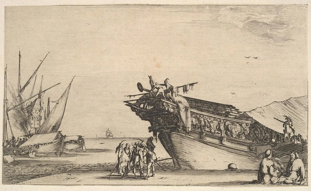 Two men sitting to right, one man is smoking, five men standing in center, the bow of a ship on shore to right, two other ships to left in the background, from 'Set of eight nautical landscapes' (Suite de huit Marines) — Stefano della Bella