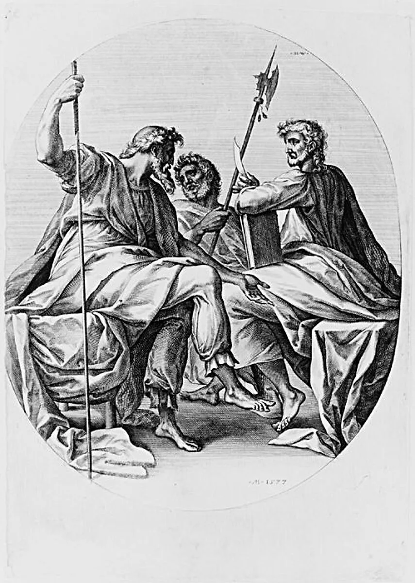 Saints James Major, Bartholomew(?) and Thomas, from the series The Apostles — Jan (Johannes) Wierix|Anthonie Blocklandt