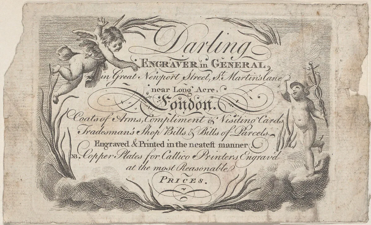 Trade Card for William Darling, Engraver — Anonymous, British, 18th century