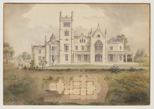 Lyndhurst for George Merritt, Tarrytown, New York (west [rear] elevation and plan)