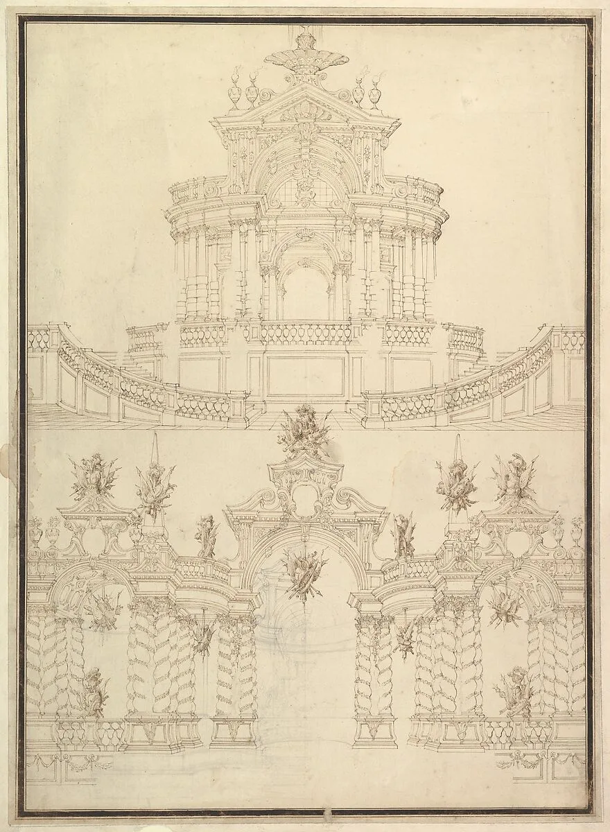 Designs for Componets of Stage Sets: at Bottom: Spiral and Wreathed-Colonnaded Pavillion with Central Arch Surmounted by Military Trophy and Another Hanging Inside Arch; at Top: Centralized Pavillion Decorated by Pediment Surmounted by Fountain. — Giuseppe Galli Bibiena