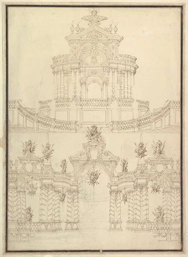 Designs for Componets of Stage Sets: at Bottom: Spiral and Wreathed-Colonnaded Pavillion with Central Arch Surmounted by Military Trophy and Another Hanging Inside Arch; at Top: Centralized Pavillion Decorated by Pediment Surmounted by Fountain.