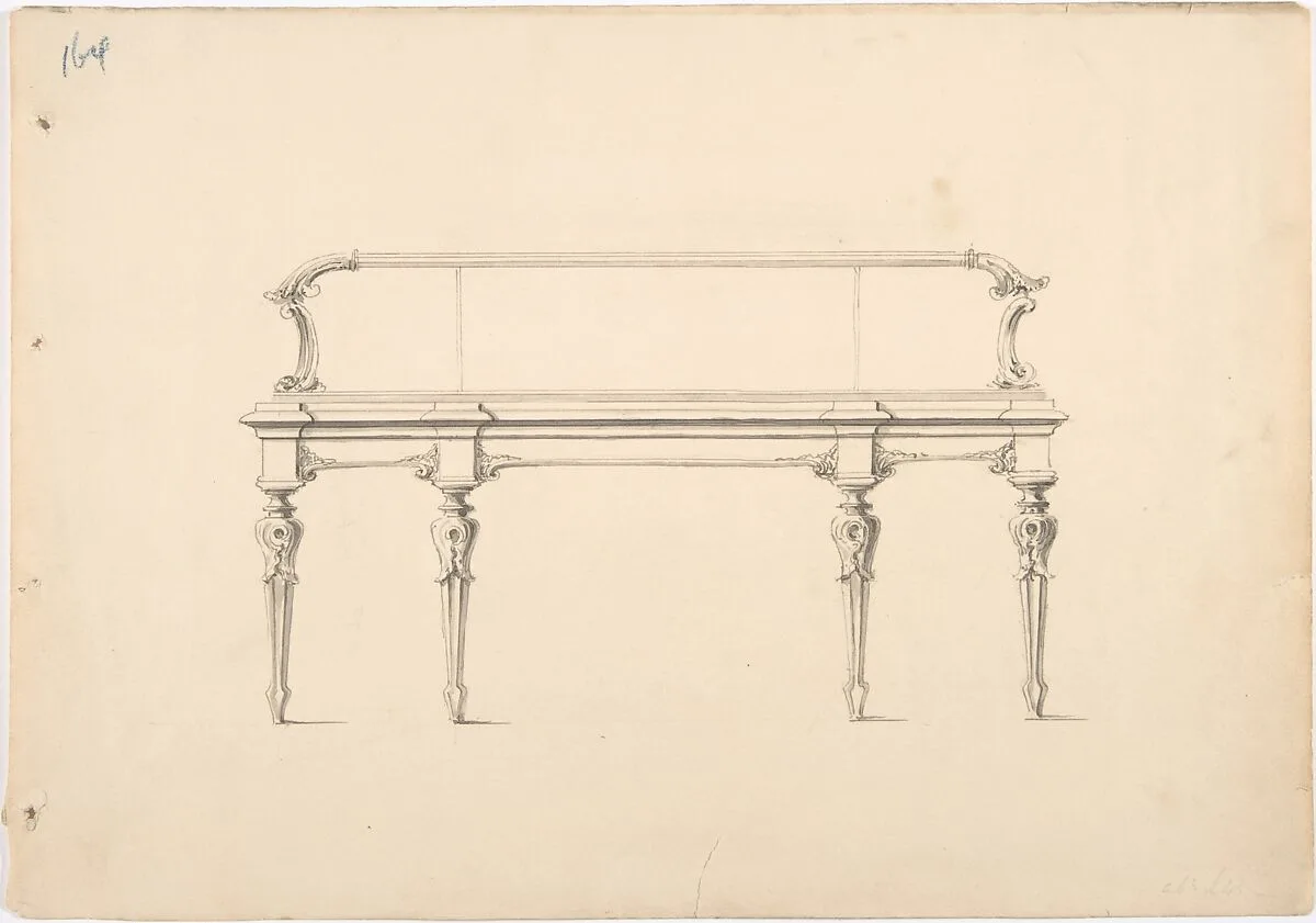 Design for a Mirrored Sideboard with Diminishing Legs and Foliate Ornament — Anonymous, British, 19th century