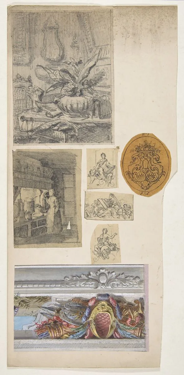 Seven drawings,including four decorative motifs and two scenes of interiors — Jules-Edmond-Charles Lachaise|Eugène-Pierre Gourdet