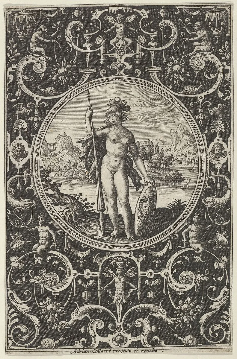 Minerva in a Decorative Frame with Grotesques, from the Judgment of Paris — Adriaen Collaert
