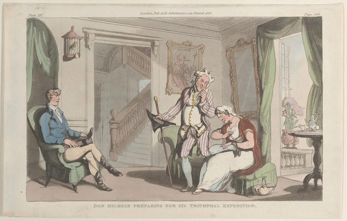 Don Michele Preparing for his Triumphal Expedition — Thomas Rowlandson|Rudolph Ackermann, London|Lewis Engelbach