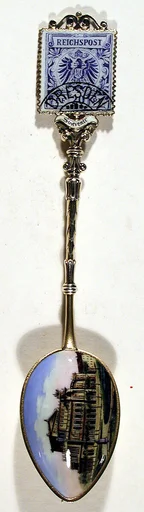 Souvenir spoon with a Dresden building (possibly General Post Office) and finial in form of postage stamp