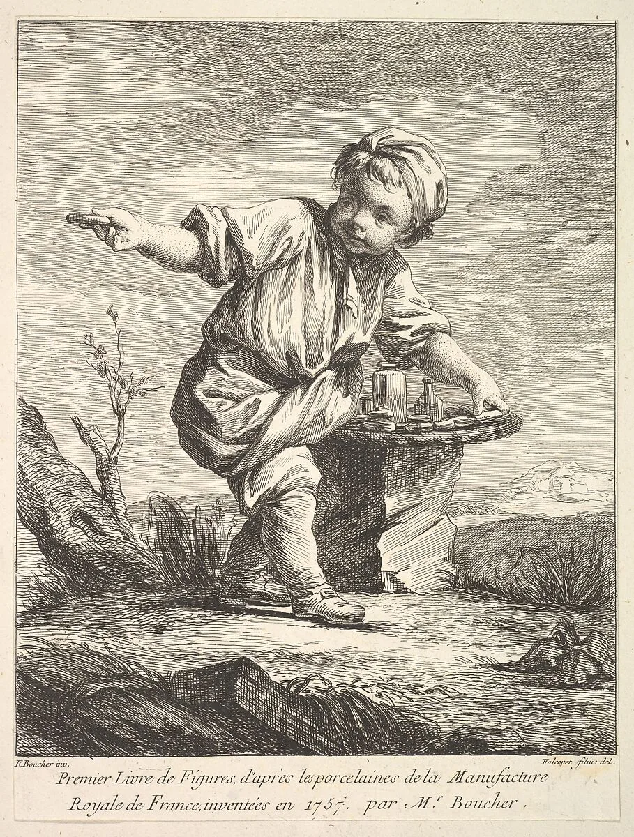 Frontispiece with litte boy holding a basket, from Premier Livre de Figures d'après les porcelaines de la Manufacture Royale de France, inventées en 1757, par Mr. Boucher (First Book of Figures after porcelains from the Manufacture Royale de France, devised in 1757, by Mr. Boucher) — François Boucher|Pierre Etienne Falconet