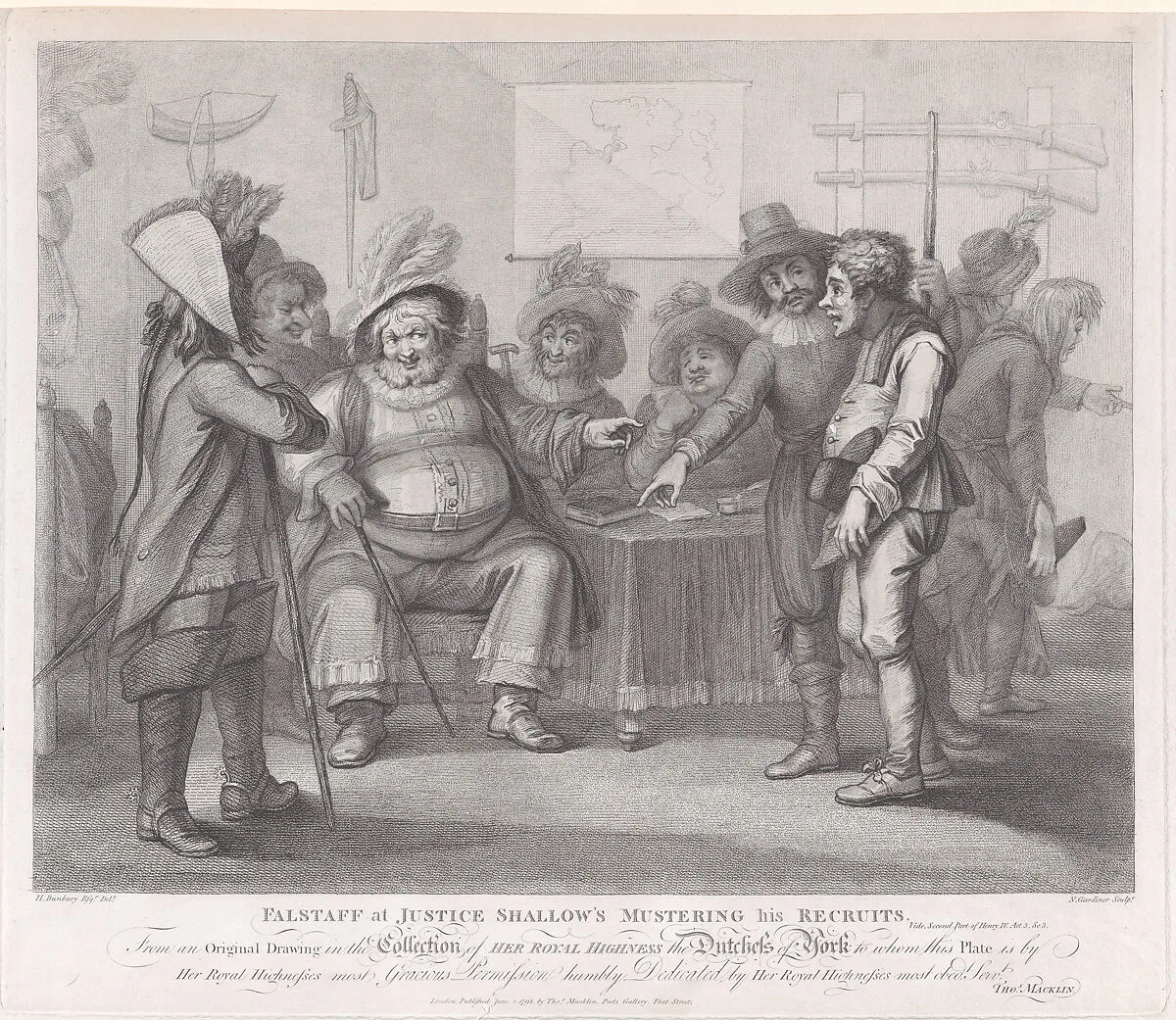 Falstaff at Justice Shallow's Mustering His Recruits (Shakespeare, Henry IV, Part II, Act 3, Scene 2) — Thomas Macklin|Princess Frederica Charlotte of Prussia|Henry William Bunbury|William Nelson Gardiner|William Shakespeare