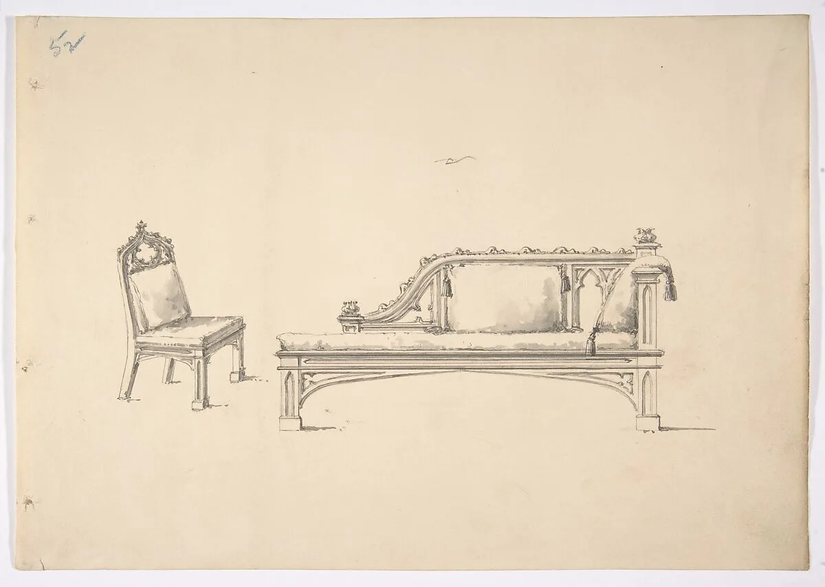 Design for a One-armed Gothic Style Sofa and Chair — Anonymous, British, 19th century