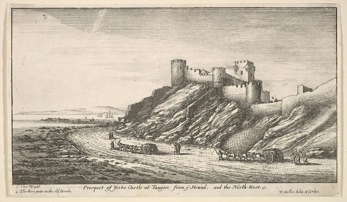 Prospect of Yorke Castle at Tangier, from ye Strand, and the North-West, from "Views of Tangier" — Wenceslaus Hollar
